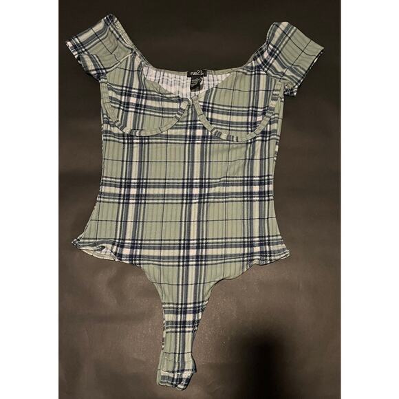 RUE 21 Small Green Plaid Corset Bodysuit Thong Snaps NWT - Picture 1 of 10